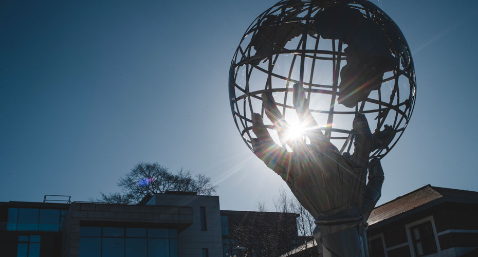 Globe statue in the The Creative Quadrant (QC), part of the University of Exeter Business School.