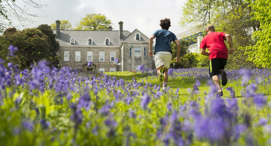 Students run through bluebells outside Tremough House on Penryn Campus