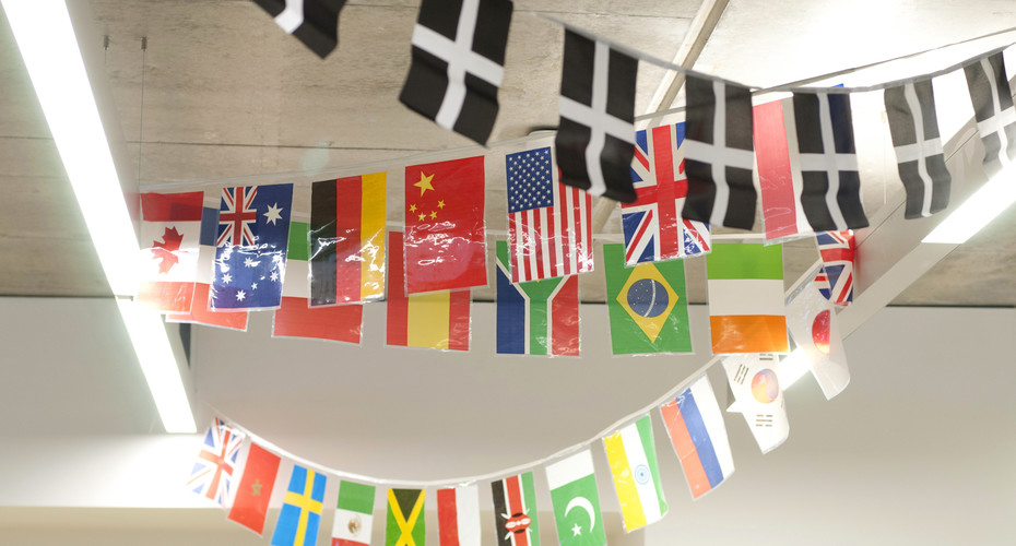 Cornish and world flags in the exchange.
