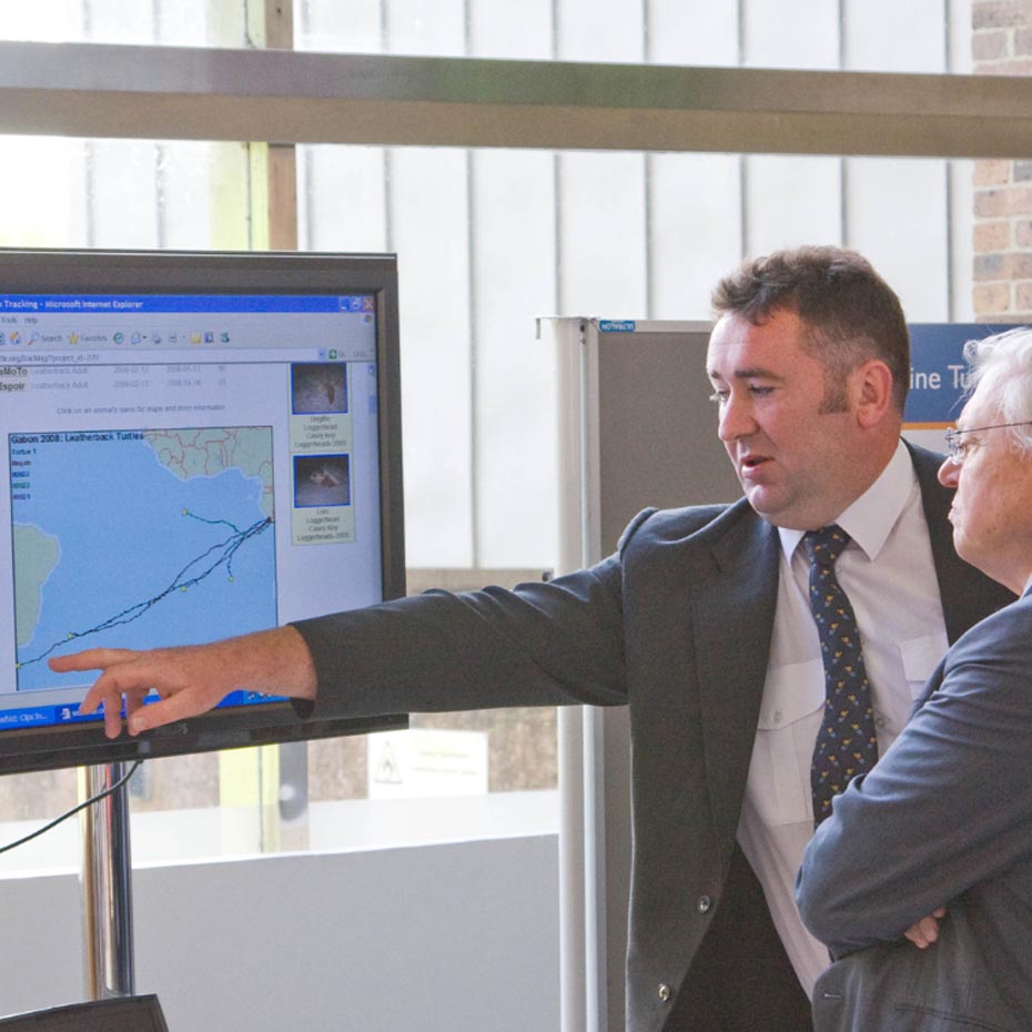 Academic pointing at flatscreen display monitor