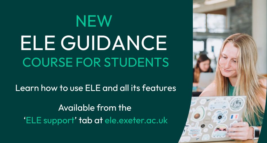 A student at a laptop - text reads New ELE Guidance course for students