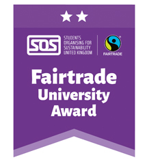Fairtrade Universtiy Award 2 star logo. White text against purple background.