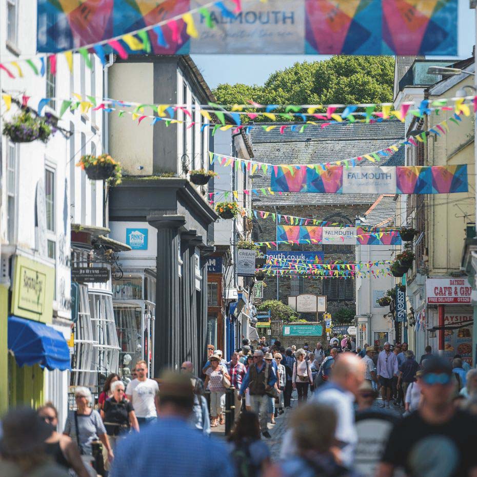 Shopping street with shoppers and bunting