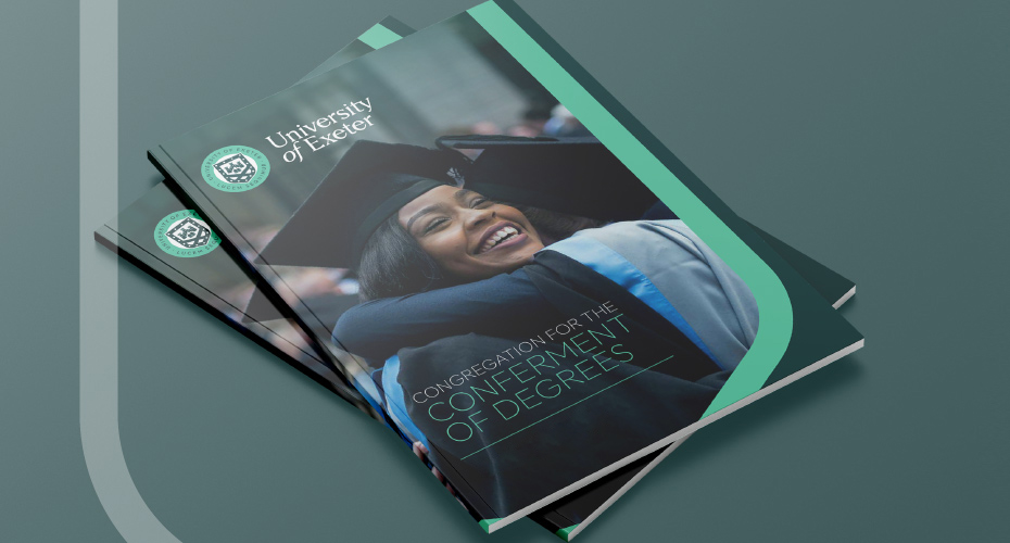 Graduation brochure with Exeter logo shield graphic