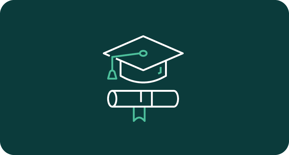 Graduation cap and certificate graphic on green background