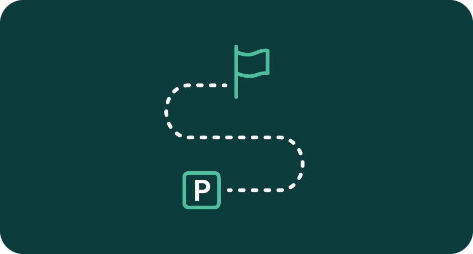 Graphic of a flag and dotted line to a Parking 'P' sign against a green background