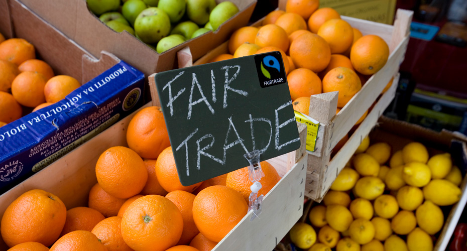 Fair trade oranges and lemons in boxes on a market stall.