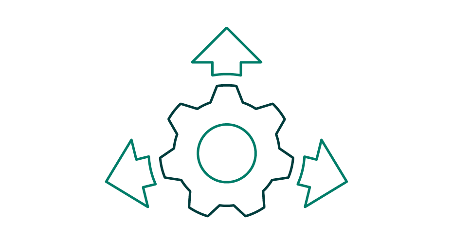 Direction icon: a cog surrounded by three arrows