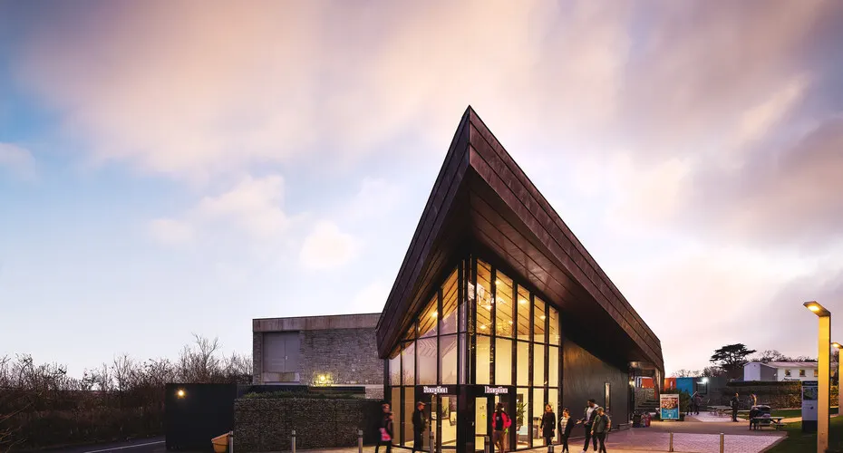 The Heart building at dusk on Penryn campus