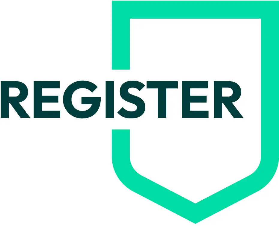 Green shield outline with 'Register' wiritten in it.