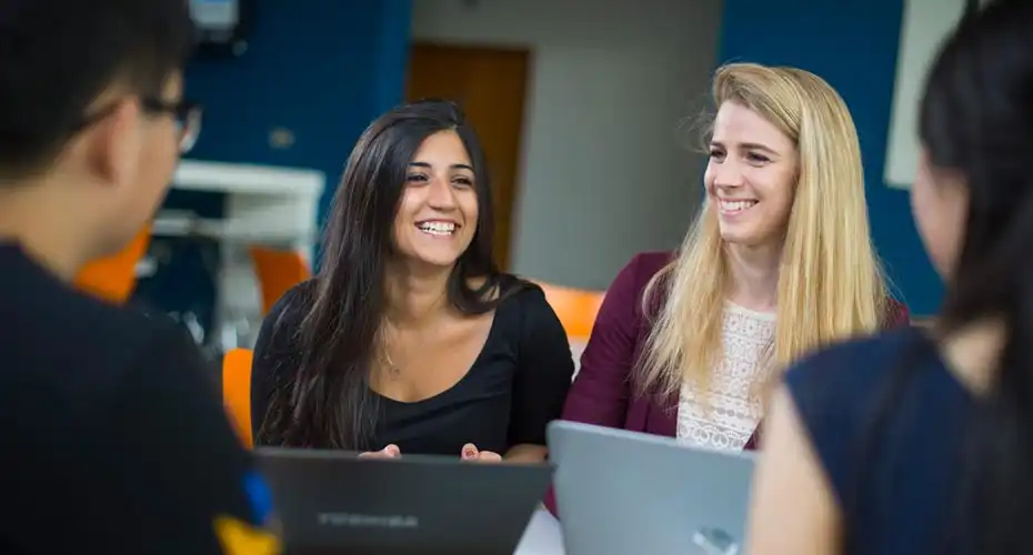 A small group of students studying together using laptops